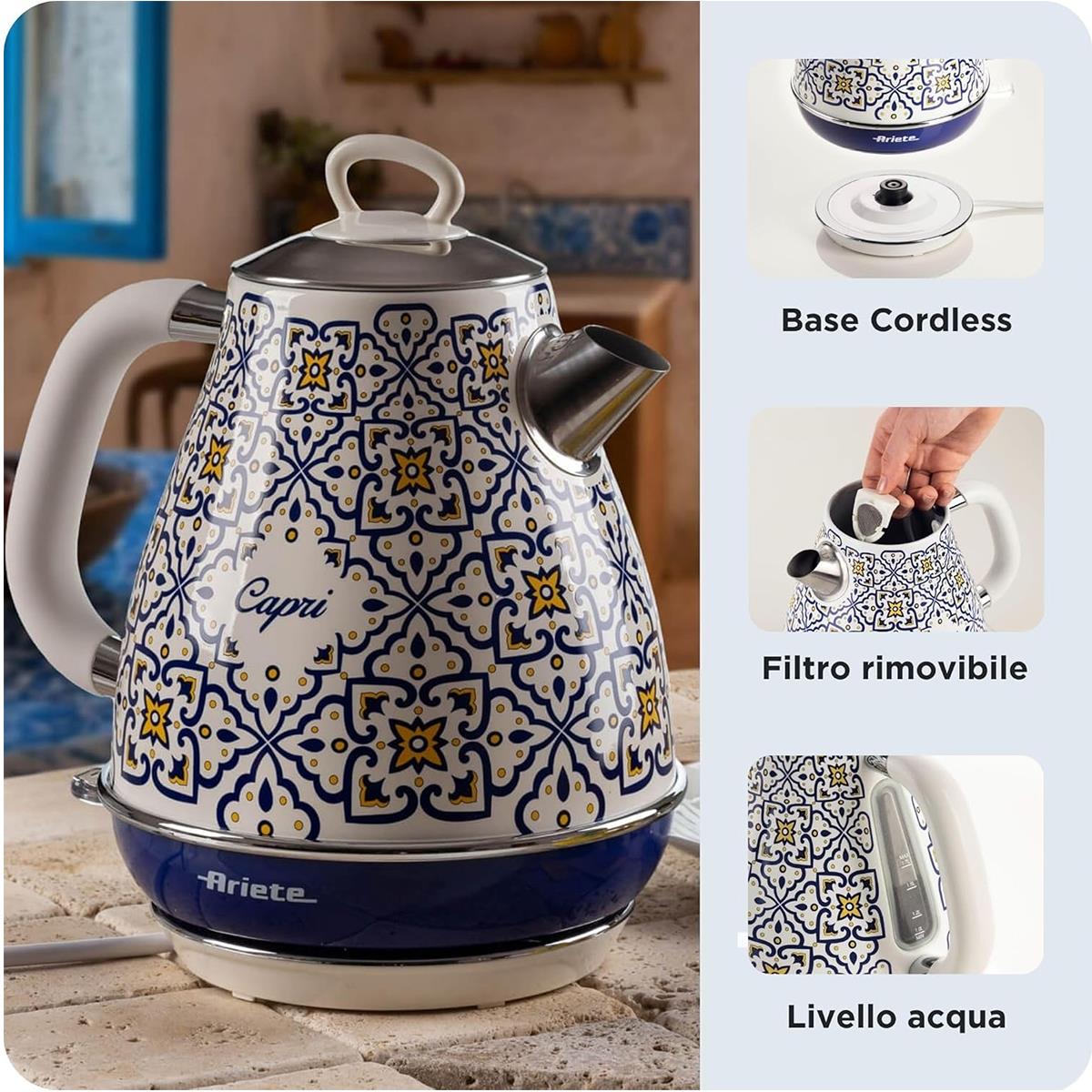 Ariete Capri Electric Jug Kettle 1.7 Litre Stainless Steel 2000W 360° Cordless Base Removable Filter Blue And White Secondary image