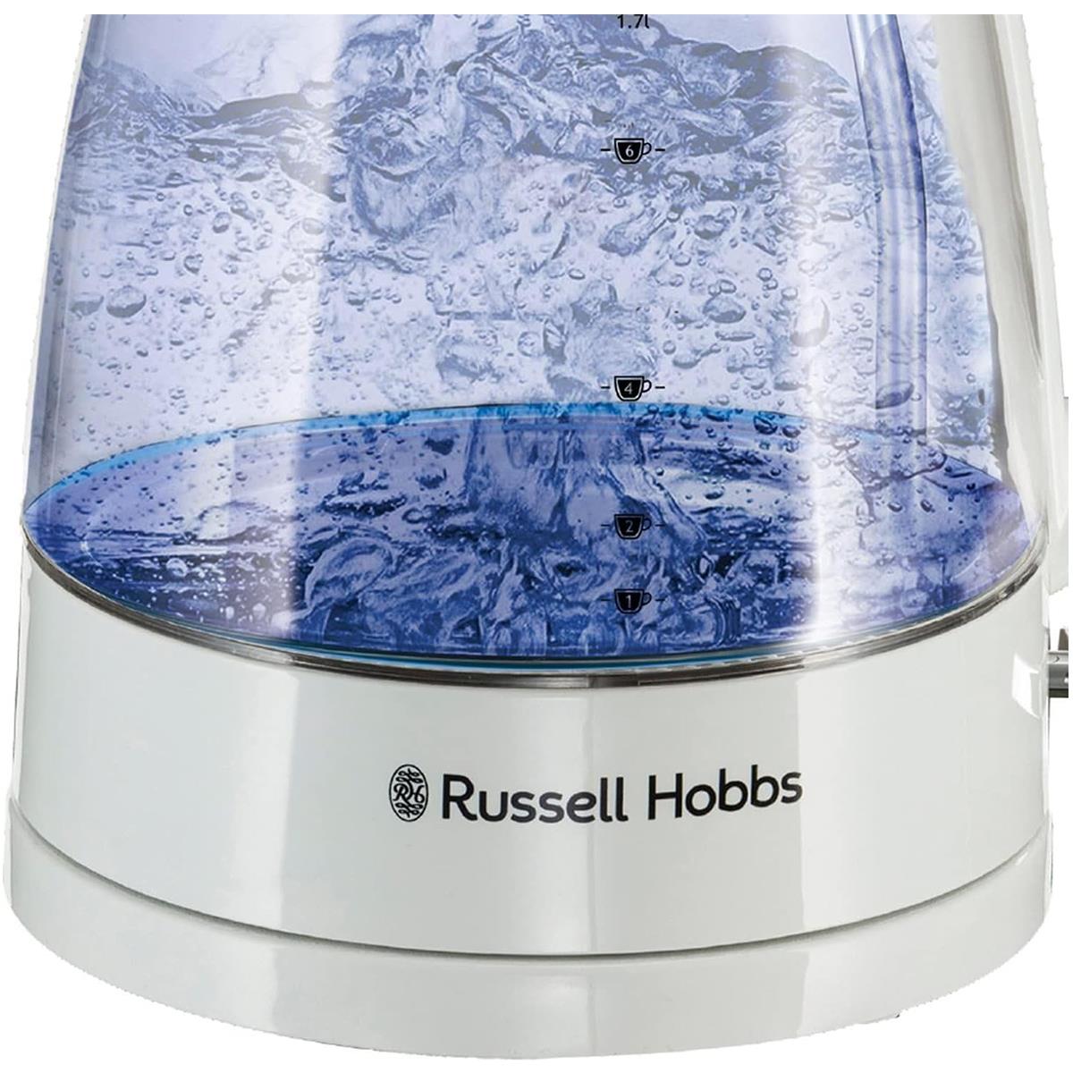 Russell Hobbs Carafe Style Glass Cordless Kettle 3000W 1.7 Litre With Blue Illumination White