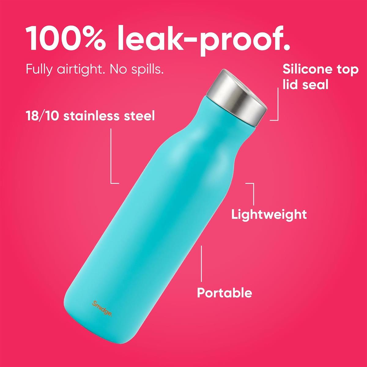 Smidge Stainless Steel Insulated Water Bottle 500ml Double Wall Vacuum Flask BPA-Free Leak Proof Aqua