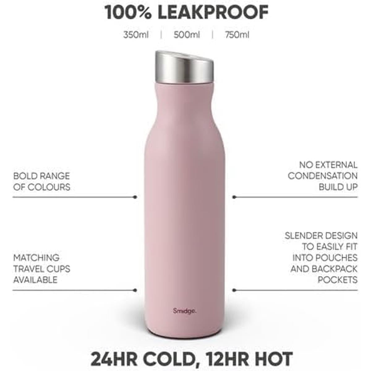 Smidge Stainless Steel Insulated Water Bottle 500ml Double Wall Vacuum Flask BPA-Free Leakproof Summer Blush