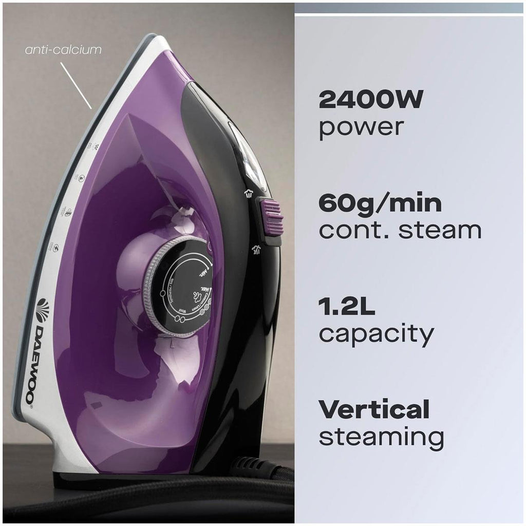 Daewoo Steam Station Iron 2400W With 1.2L Detachable Water Tank Ceramic Soleplate Adjustable Steam Black & Purple