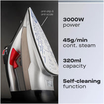 Daewoo Power Glide Steam Iron 3000W with Ceramic Soleplate Burst Steam Precision Tip Self-Clean & Anti-Calc Black