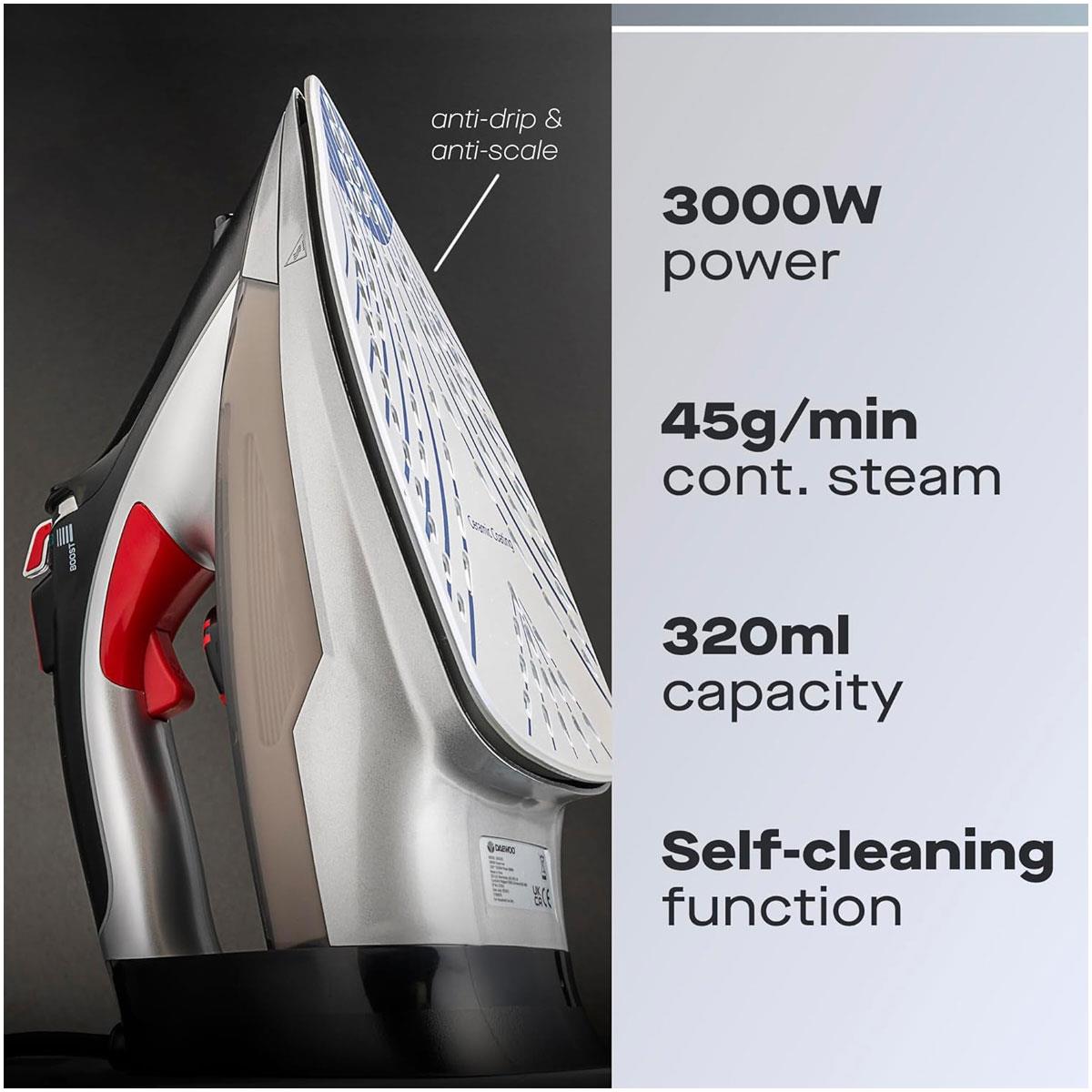 Daewoo Power Glide Steam Iron 3000W with Ceramic Soleplate Burst Steam Precision Tip Self-Clean & Anti-Calc Black
