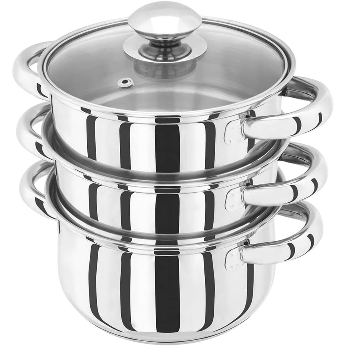 Judge Essential 16cm 3 Tier Stainless Steel Steamer Pot with Glass Lid Induction Hob Food Steamer Set
