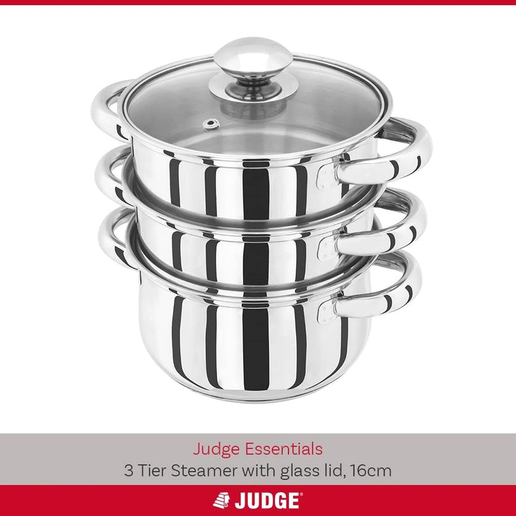 Judge Essential 16cm 3 Tier Stainless Steel Steamer Pot with Glass Lid Induction Hob Food Steamer Set