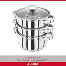 Judge Essential 16cm 3 Tier Stainless Steel Steamer Pot with Glass Lid Induction Hob Food Steamer Set