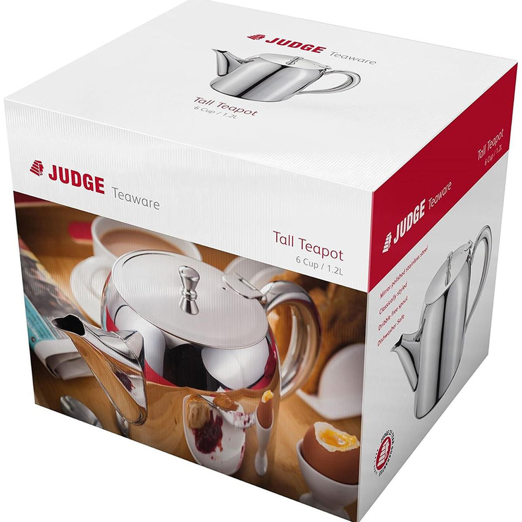 Judge Traditional Stainless Steel Teapot 1.2 Litre 6 Cup Tall Design With Non-Drip Spout Hinged Lid Dishwasher Safe Silver