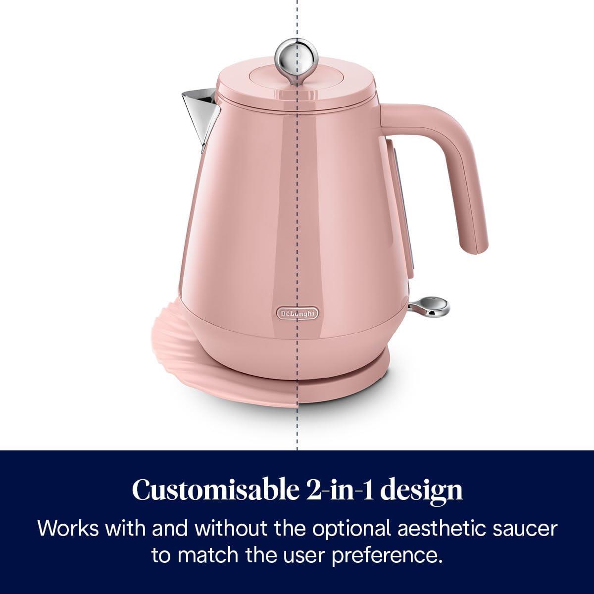 Delonghi Eclettica Electric Jug Kettle 1.7 Litre 3000W Stainless Steel Rapid Boil With Anti-Scale Filter 360° Base Pink