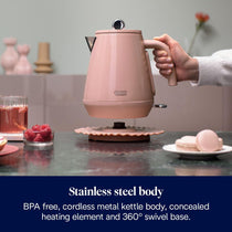 Delonghi Eclettica Electric Jug Kettle 1.7 Litre 3000W Stainless Steel Rapid Boil With Anti-Scale Filter 360° Base Pink