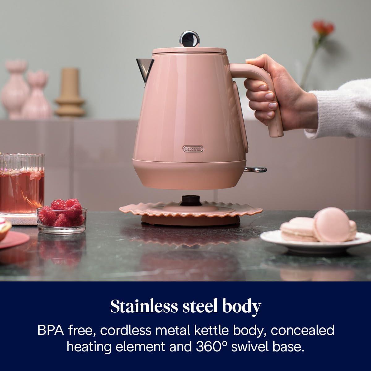 Delonghi Eclettica Electric Jug Kettle 1.7 Litre 3000W Stainless Steel Rapid Boil With Anti-Scale Filter 360° Base Pink