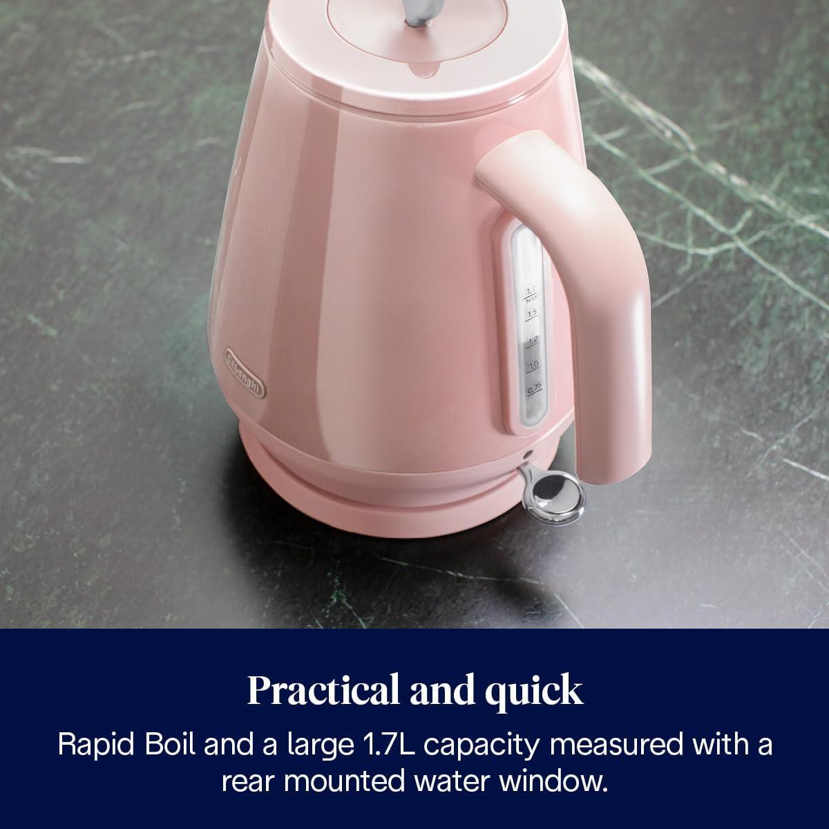 Delonghi Eclettica Electric Jug Kettle 1.7 Litre 3000W Stainless Steel Rapid Boil With Anti-Scale Filter 360° Base Pink