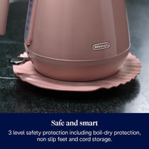 Delonghi Eclettica Electric Jug Kettle 1.7 Litre 3000W Stainless Steel Rapid Boil With Anti-Scale Filter 360° Base Pink