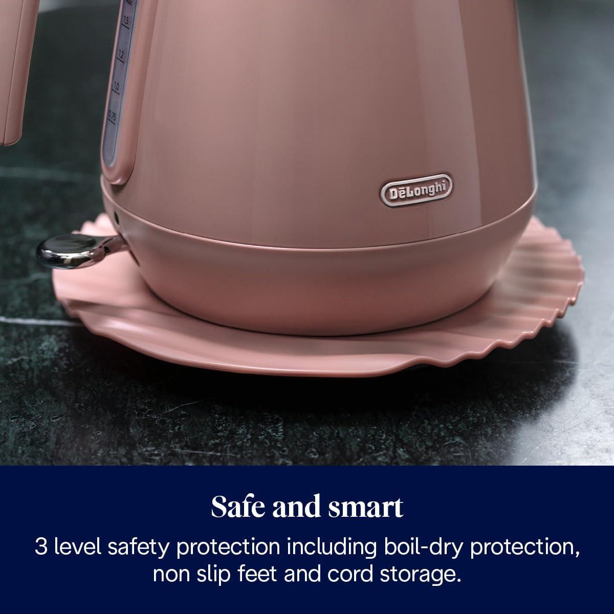 Delonghi Eclettica Electric Jug Kettle 1.7 Litre 3000W Stainless Steel Rapid Boil With Anti-Scale Filter 360° Base Pink