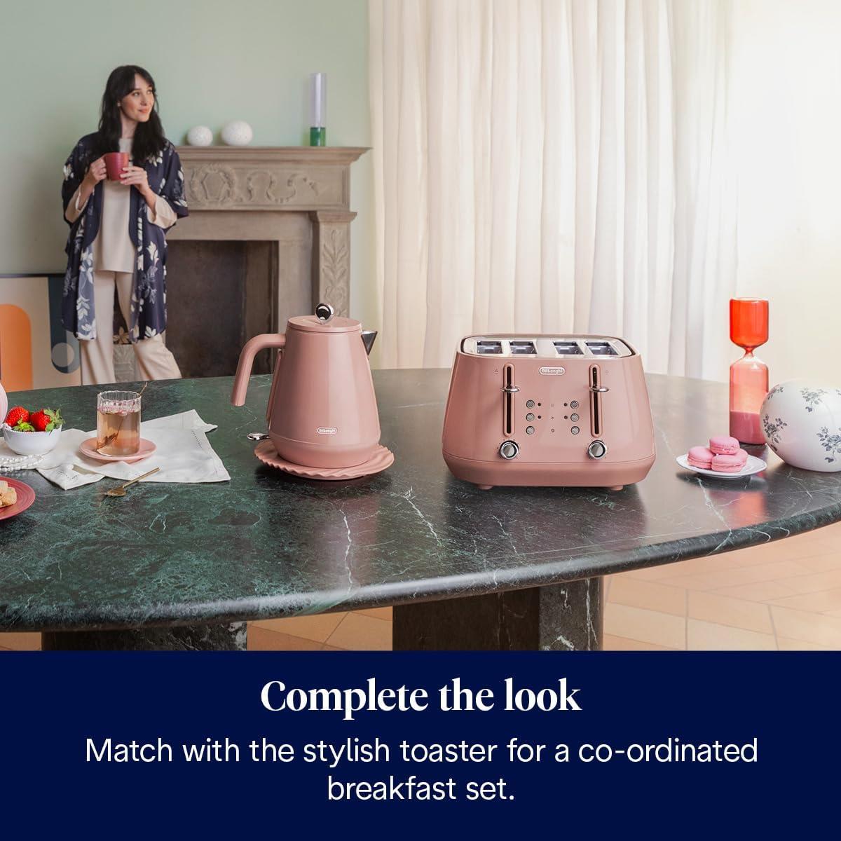 Delonghi Eclettica Electric Jug Kettle 1.7 Litre 3000W Stainless Steel Rapid Boil With Anti-Scale Filter 360° Base Pink
