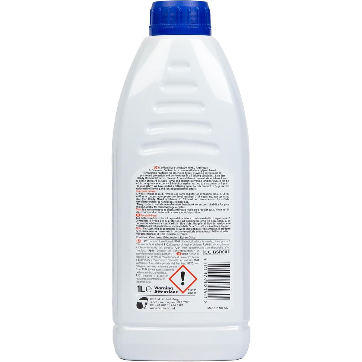CarPlan Blue Star Ready Mixed Antifreeze And Summer Coolant 1 Litre Mono Ethylene Glycol Engine Coolant