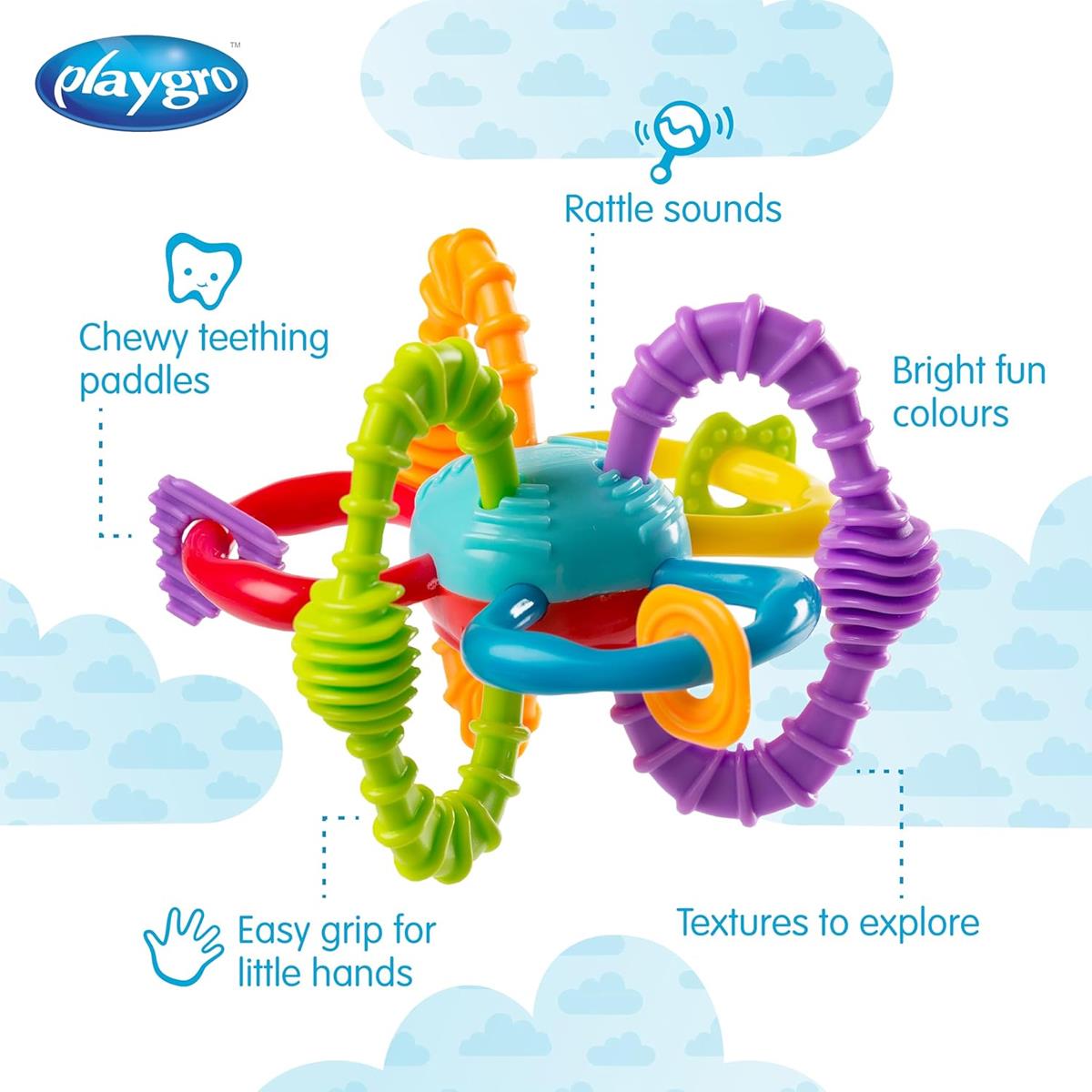Playgro Bendy Ball Baby Sensory Activity Toy With Rattle Flexible TPR Grasping Ball For Teething 6+ Months Multicolour Secondary image