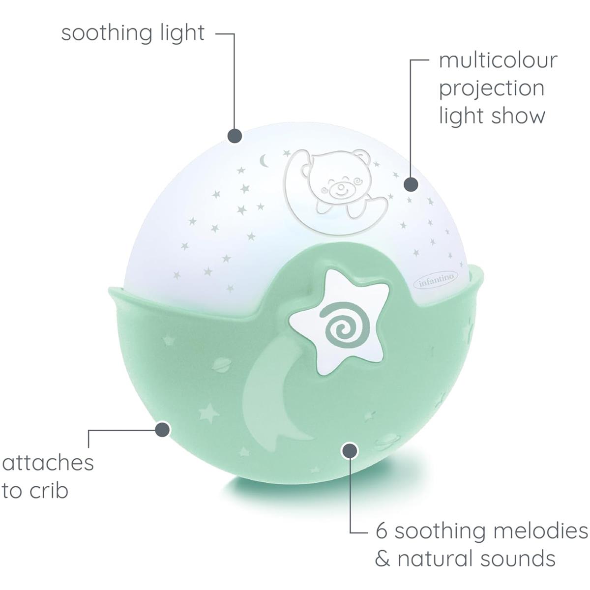 Infantino Soothing Light And Projector Clip-On Crib Night Light with Star Projector LED Musical Sleep Soother Sage