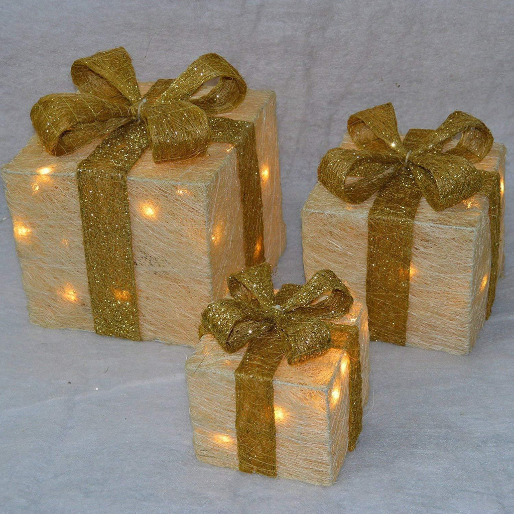 Premier Light Up Christmas Gift Boxes Set Of 3 Glitter Parcels With 40 Warm White LEDs Cream & Gold 15-25cm