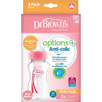 Dr Brown Options + Twin Pack Anti-Colic Wide Neck Baby Bottles 270ml - Pink