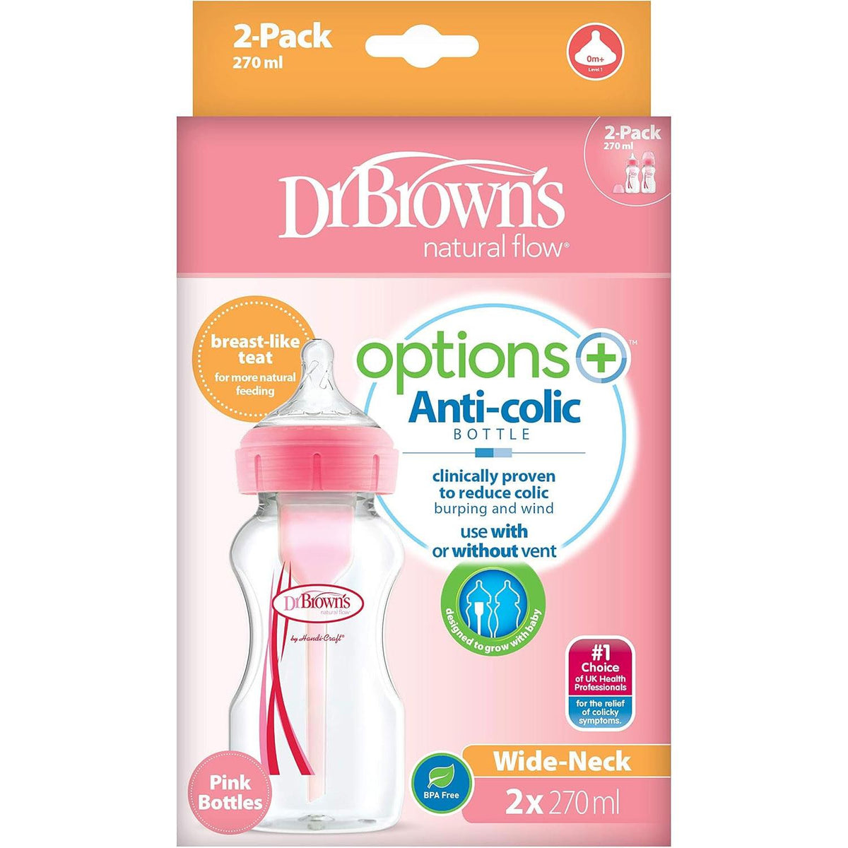 Dr Brown Options + Twin Pack Anti-Colic Wide Neck Baby Bottles 270ml - Pink