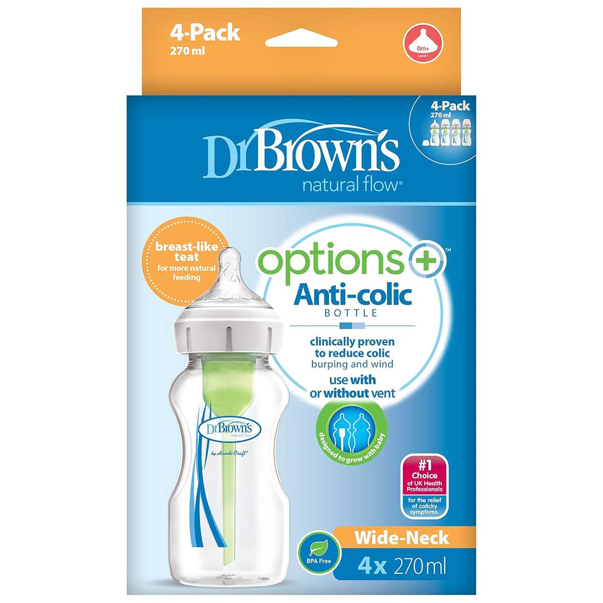 Dr. Brown Options + Anti-Colic Baby Bottles 270ml  with Level 1 Teats - Four Pack
