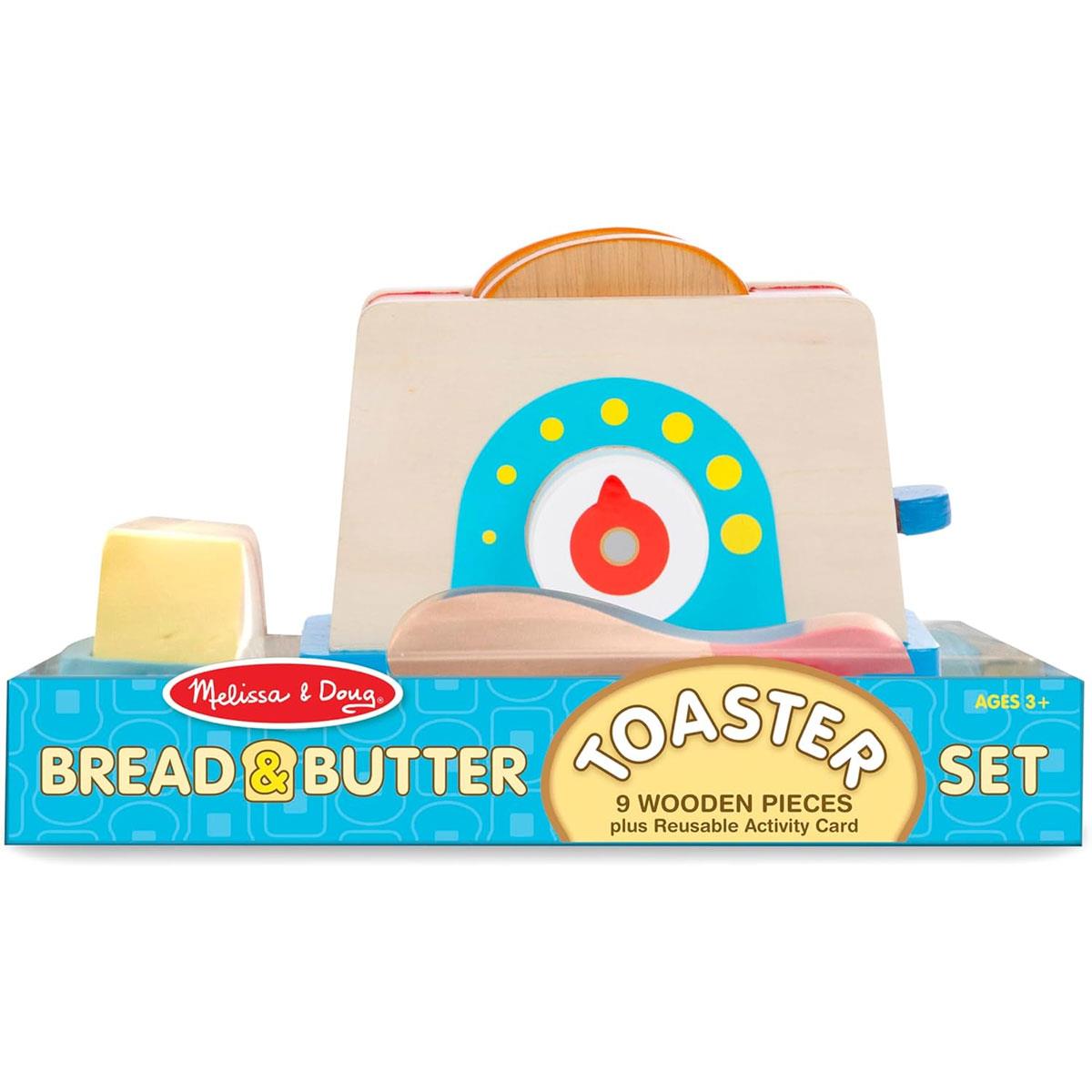 Melissa & Doug Bread And Butter Toaster Set - 9 Pcs Wooden Play Food And Kitchen Accessories - Multicolour
