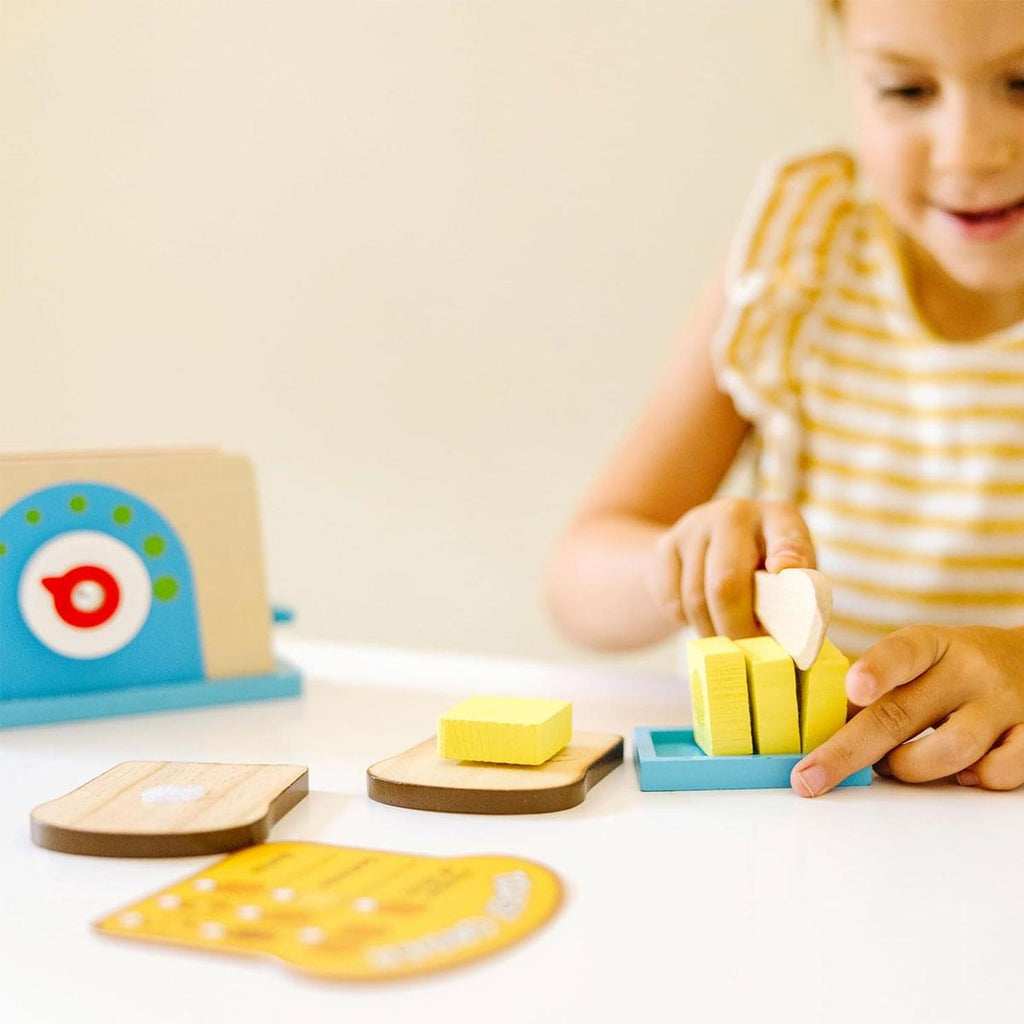 Melissa & Doug Bread And Butter Toaster Set - 9 Pcs Wooden Play Food And Kitchen Accessories - Multicolour