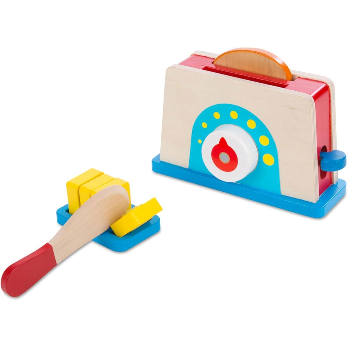 Melissa & Doug Bread And Butter Toaster Set - 9 Pcs Wooden Play Food And Kitchen Accessories - Multicolour