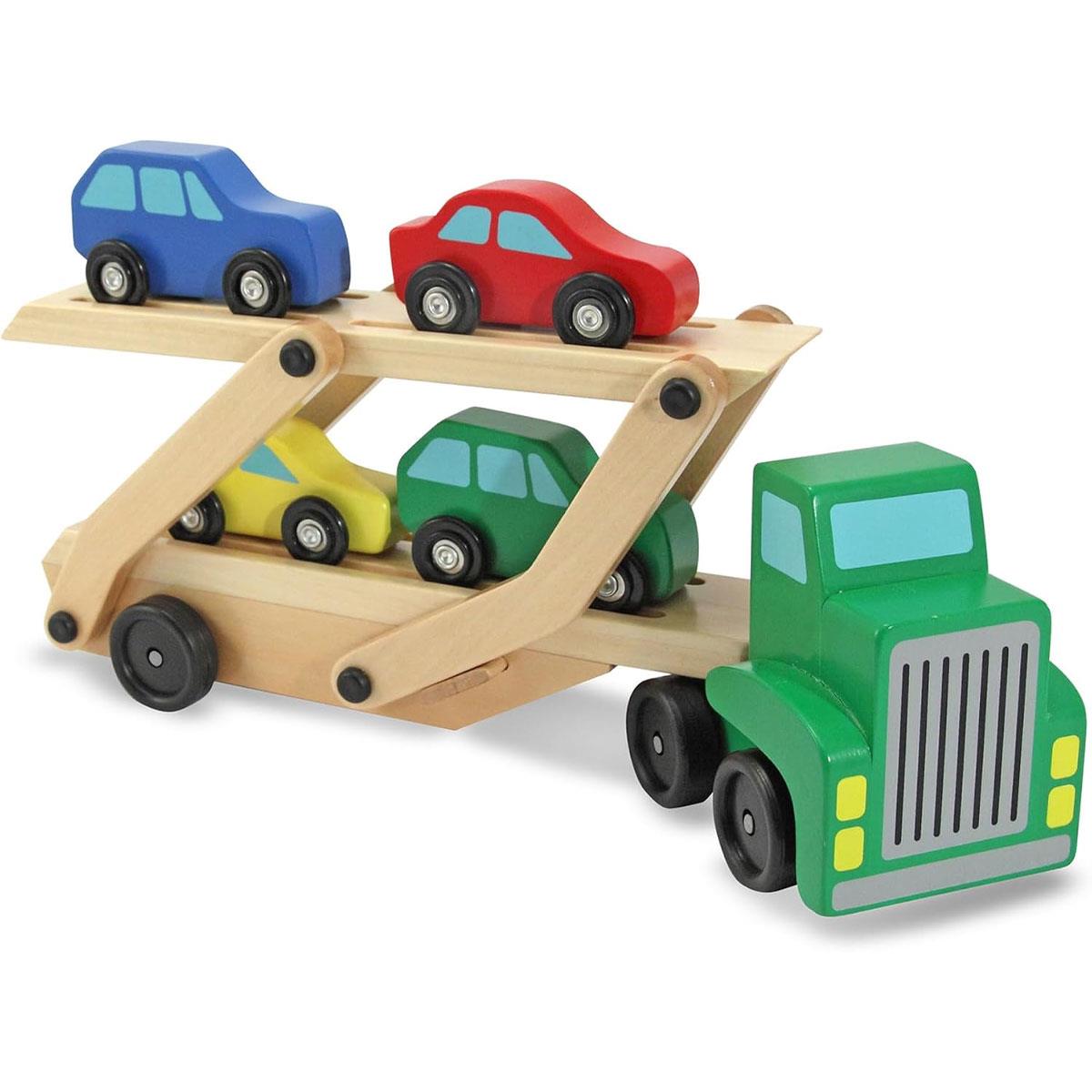 Melissa & Doug Car Transporter Truck & Cars Wooden Toy Set - Compatible With Wooden Train Tracks - Multicolour