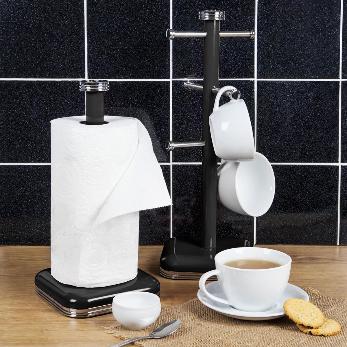 Swan Retro 6 Cup Mug Tree Weighted Base Polished Metal - Black