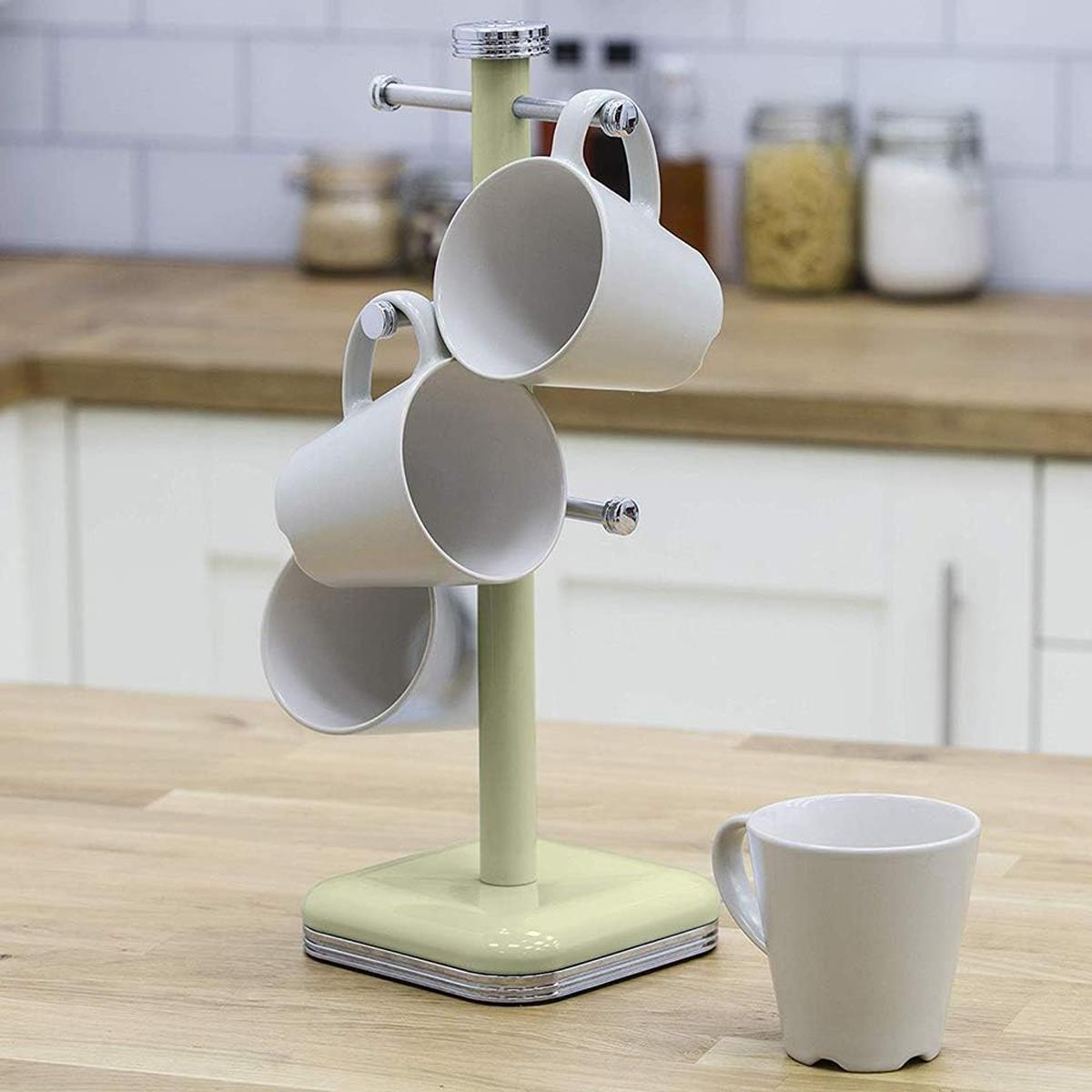 Swan Retro 6 Cup Mug Tree Weighted Base Polished Metal - Green