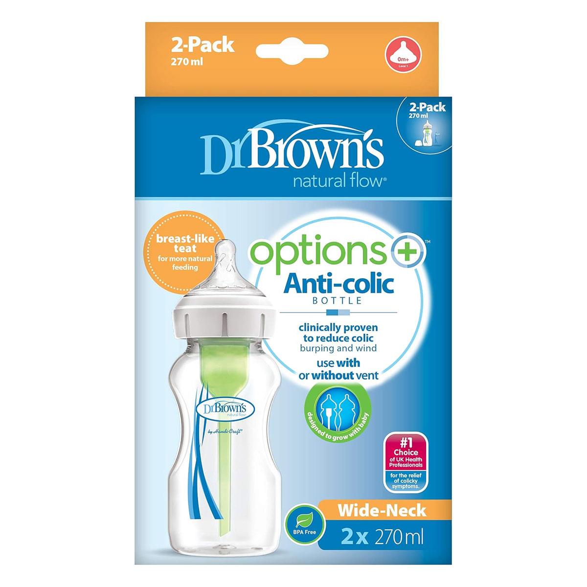 Dr. Brown Options + Anti-Colic Wide Neck Baby Bottles Twin Pack 270ml