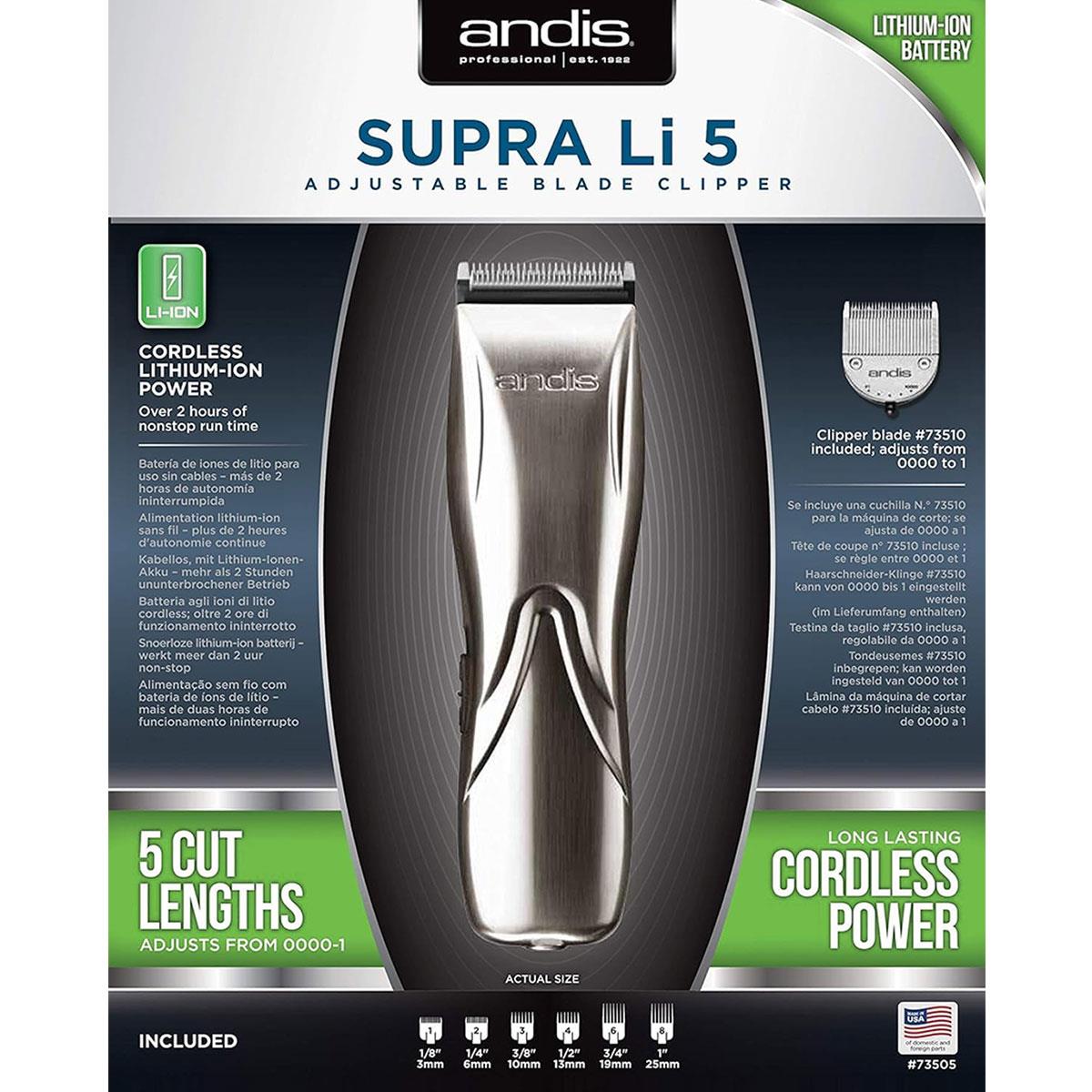 Andis Supra Li 5 Adjustable Blade Clipper High Speed 5 Cut Lengths - Silver