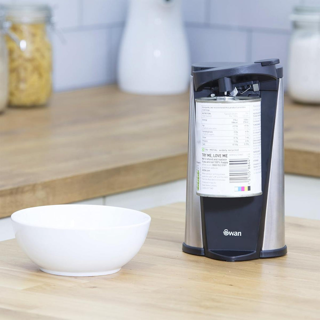 Swan 3 In 1 Electric Can Opener With Knife Sharpener And Bottle Opener 60 W - Black/Silver