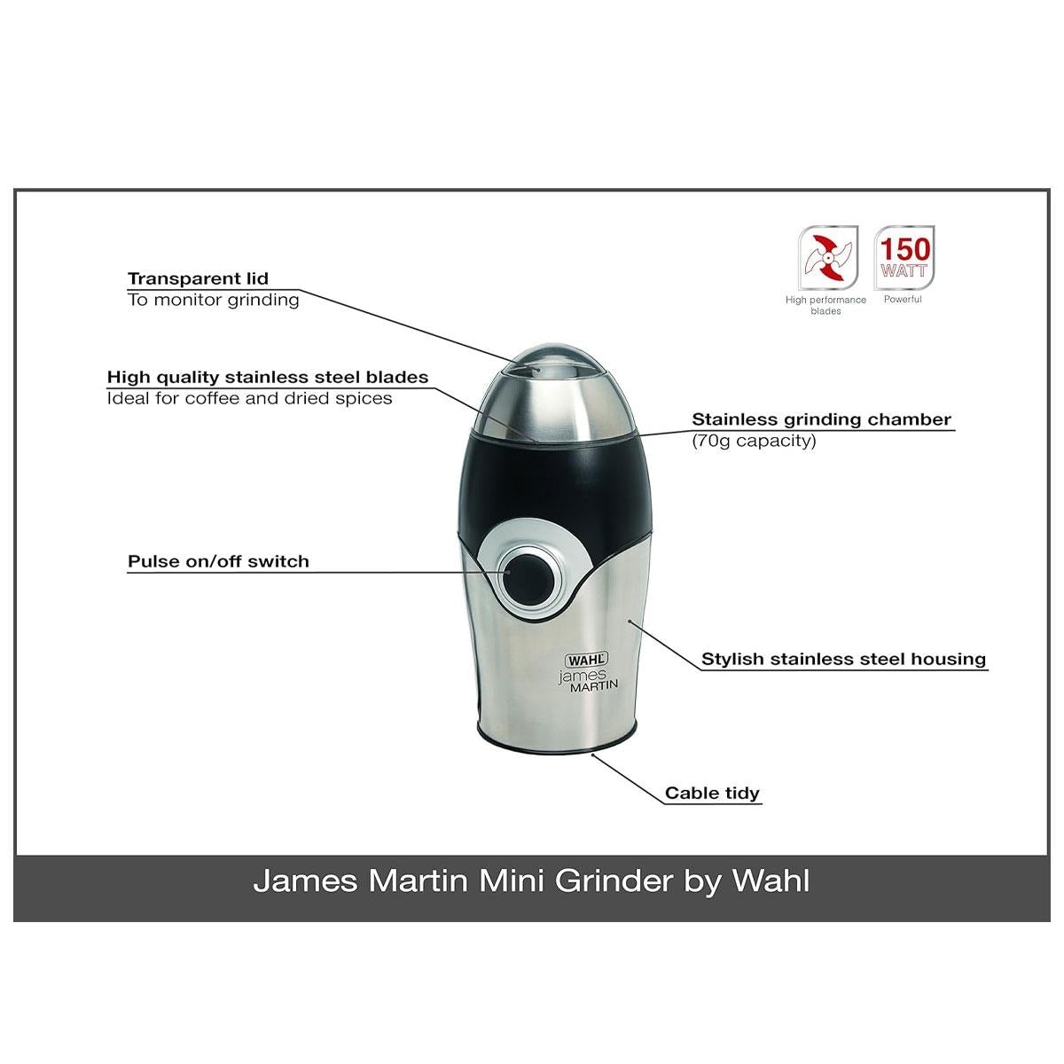 Wahl James Martin Mini Grinder For Coffee Nuts And Spices Stainless Steel Blade 150 W - Silver