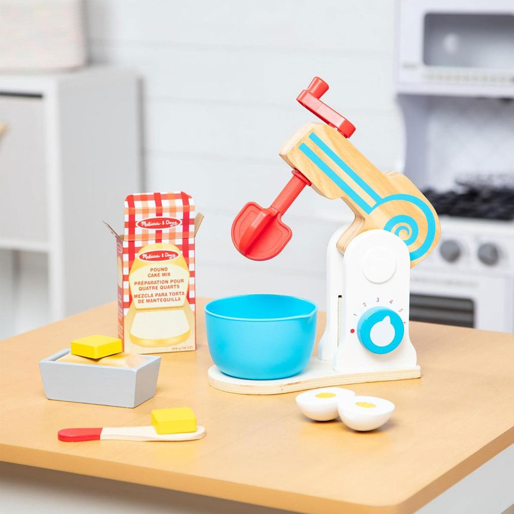 Melissa & Doug Wooden Make-a-Cake Mixer Set Encourages Creative Thinking - 11-Piece Wooden Hand-Crank Cake Baking Mixer Set - Multicolor