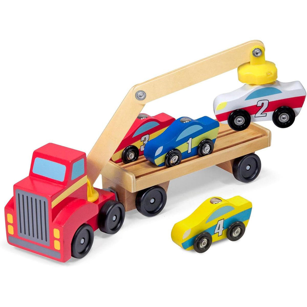 Melissa & Doug Magnetic Car Loader Wooden Toy Set Includes Red Truck With Magnetic Arm Car-Carrier Trailer & 4 Magnetic Wooden Cars - Multicolor