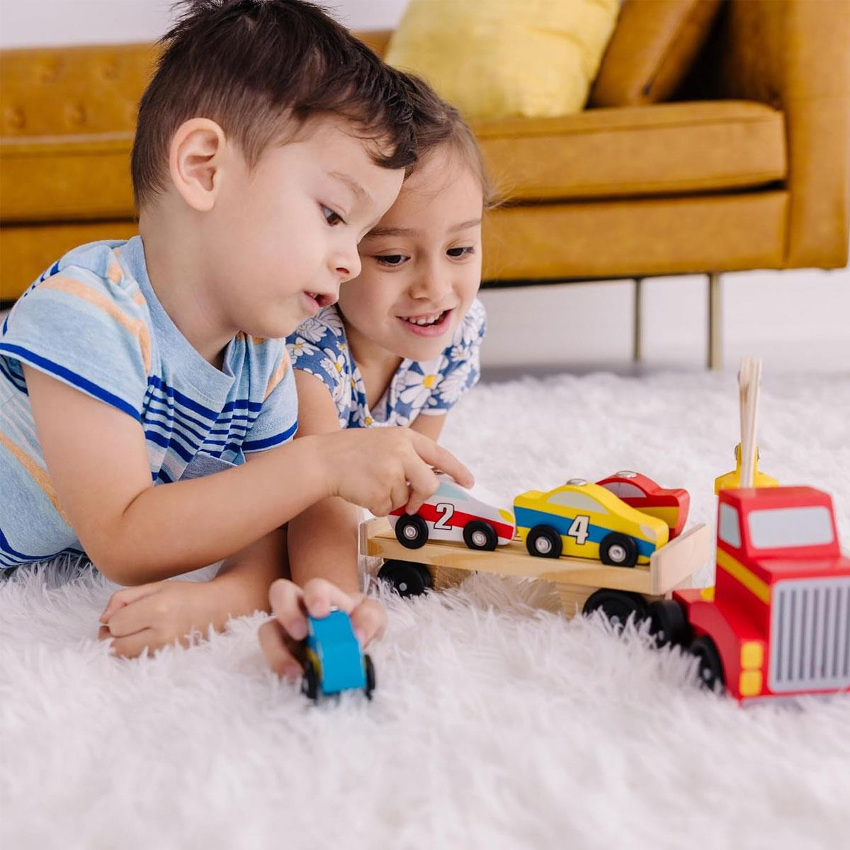 Melissa & Doug Magnetic Car Loader Wooden Toy Set Includes Red Truck With Magnetic Arm Car-Carrier Trailer & 4 Magnetic Wooden Cars - Multicolor