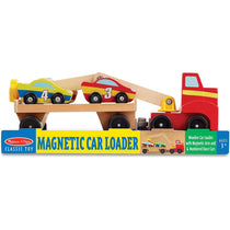 Melissa & Doug Magnetic Car Loader Wooden Toy Set Includes Red Truck With Magnetic Arm Car-Carrier Trailer & 4 Magnetic Wooden Cars - Multicolor