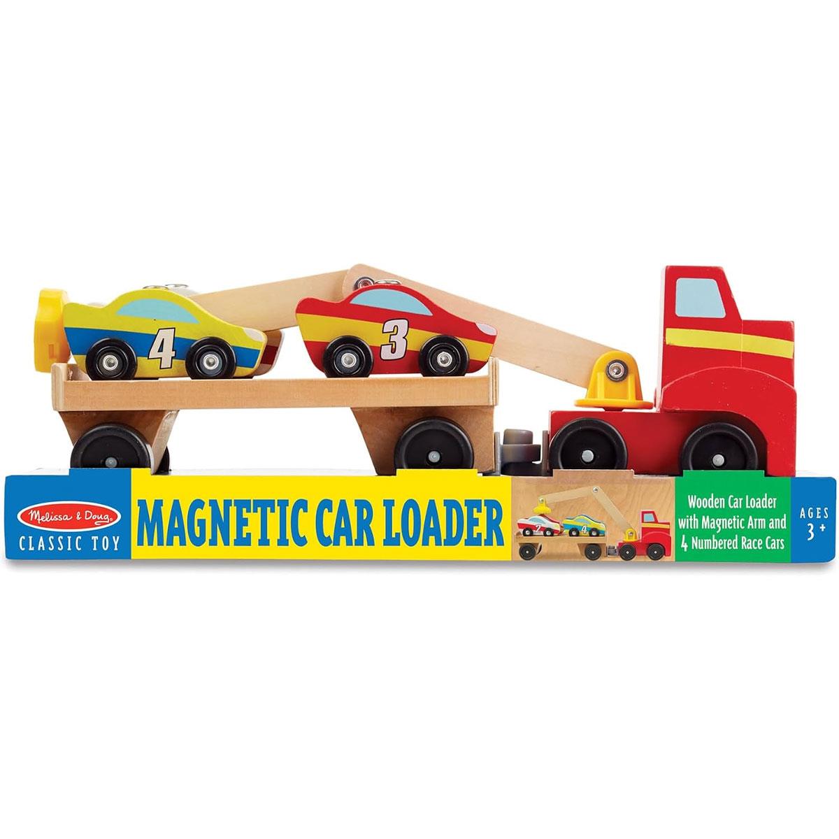 Melissa & Doug Magnetic Car Loader Wooden Toy Set Includes Red Truck With Magnetic Arm Car-Carrier Trailer & 4 Magnetic Wooden Cars - Multicolor