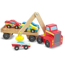 Melissa & Doug Magnetic Car Loader Wooden Toy Set Includes Red Truck With Magnetic Arm Car-Carrier Trailer & 4 Magnetic Wooden Cars - Multicolor