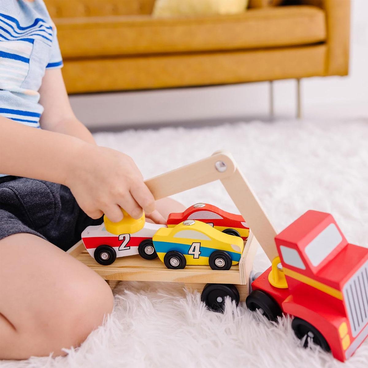 Melissa & Doug Magnetic Car Loader Wooden Toy Set Includes Red Truck With Magnetic Arm Car-Carrier Trailer & 4 Magnetic Wooden Cars - Multicolor