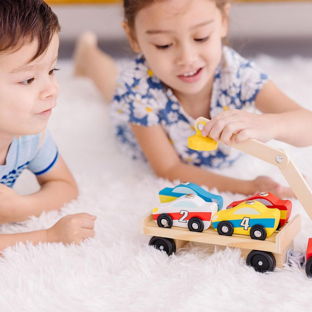 Melissa & Doug Magnetic Car Loader Wooden Toy Set Includes Red Truck With Magnetic Arm Car-Carrier Trailer & 4 Magnetic Wooden Cars - Multicolor