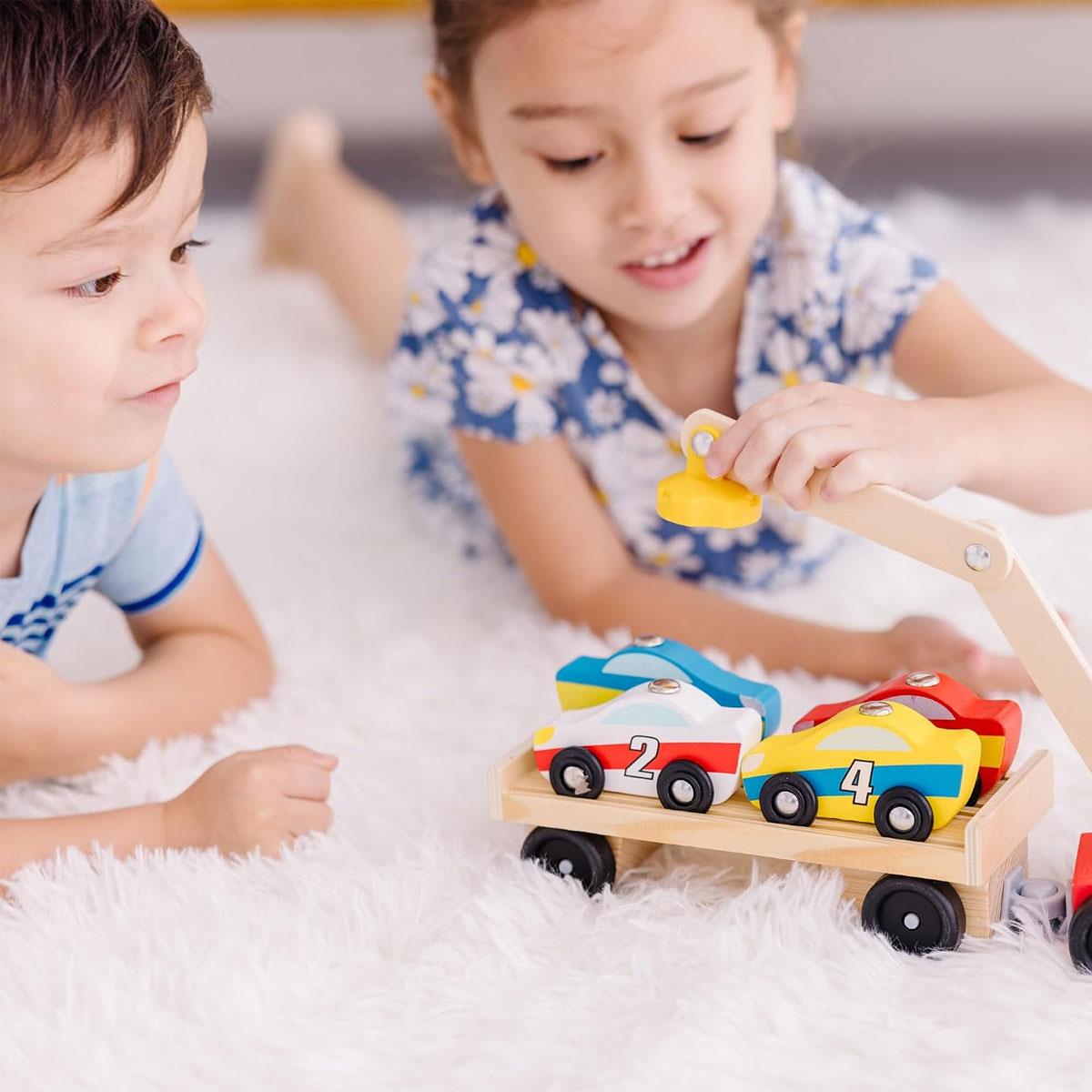 Melissa & Doug Magnetic Car Loader Wooden Toy Set Includes Red Truck With Magnetic Arm Car-Carrier Trailer & 4 Magnetic Wooden Cars - Multicolor
