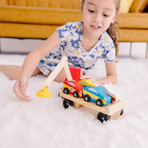 Melissa & Doug Magnetic Car Loader Wooden Toy Set Includes Red Truck With Magnetic Arm Car-Carrier Trailer & 4 Magnetic Wooden Cars - Multicolor