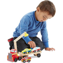 Melissa & Doug Magnetic Car Loader Wooden Toy Set Includes Red Truck With Magnetic Arm Car-Carrier Trailer & 4 Magnetic Wooden Cars - Multicolor
