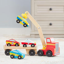 Melissa & Doug Magnetic Car Loader Wooden Toy Set Includes Red Truck With Magnetic Arm Car-Carrier Trailer & 4 Magnetic Wooden Cars - Multicolor