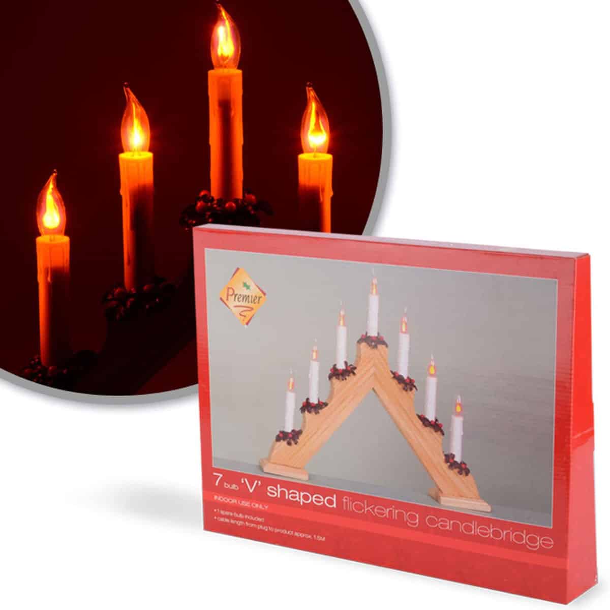 Premier Christmas 7 Flickering Bulb Pine Wood Candle Bridge - Warm White