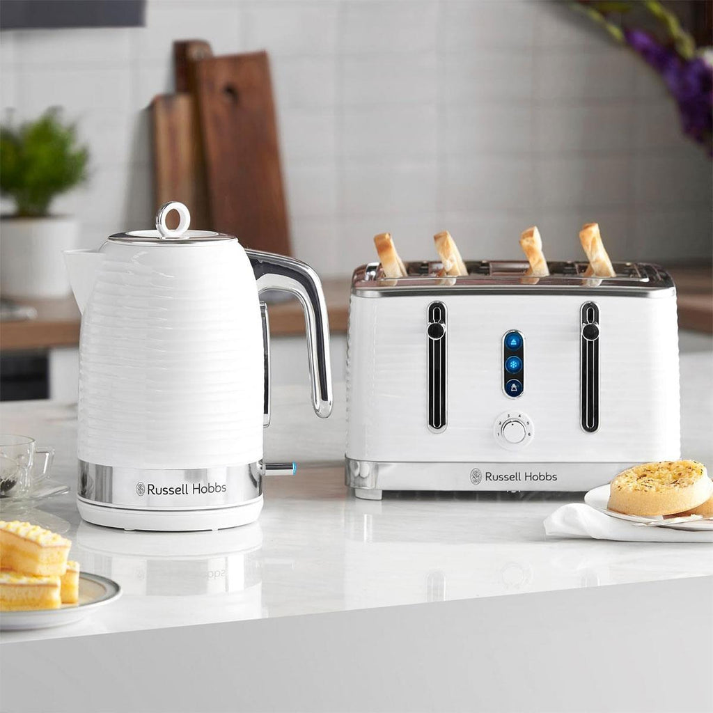 Russell Hobbs Inspire 4 Slice Toaster Wide Slot With Lift And Look Feature High Gloss White With Chrome Accents 1800 W