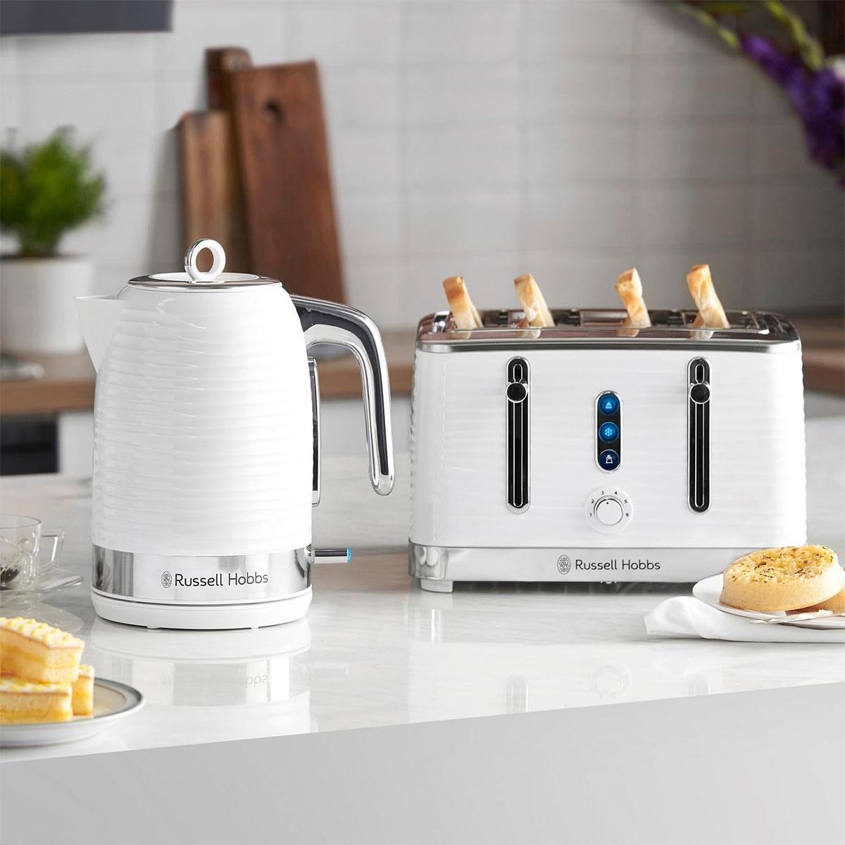Russell Hobbs Inspire 4 Slice Toaster Wide Slot With Lift And Look Feature High Gloss White With Chrome Accents 1800 W